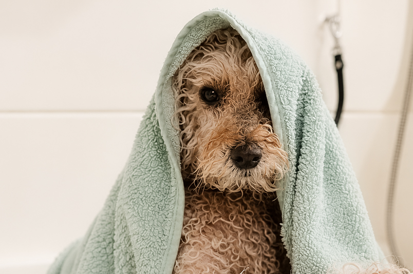 A small dog wrapped in a towel after a bath at Hound Pet Salon, Kimberley